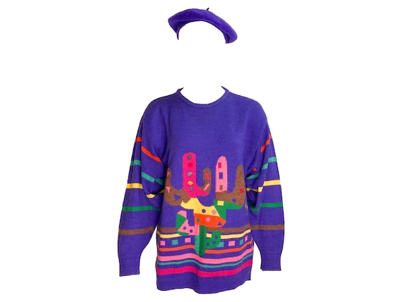 Vintage ugly sweater, wool beret, vintage purple s