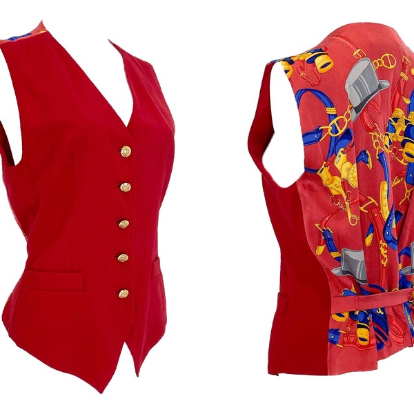 ESCADA des années 1990, gilet Escada des années 90, gilet vintage, imprimé foulard, vêtements des années 90, gilet rouge, boutons dorés, gilet rouge, vêtements vintage