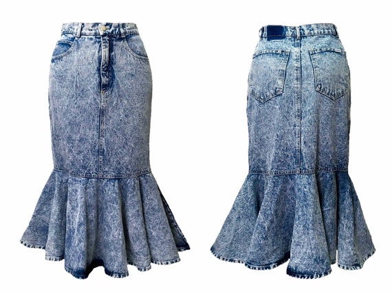Acid wash denim, 80s denim skirt, acid wash midi s
