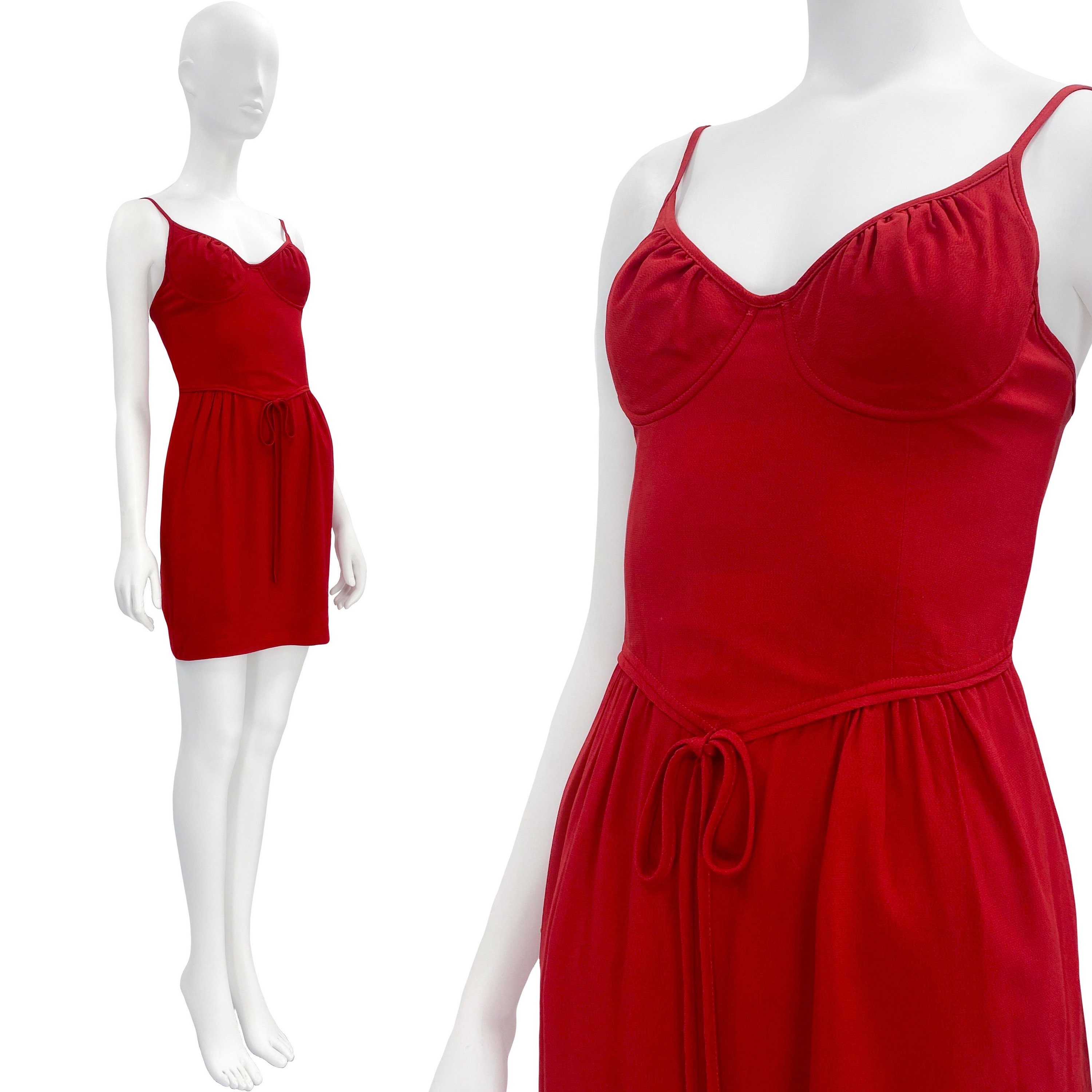 1990s Moschino Cheap & Chic dress, Moschino red mini dress, vintage Moschino, balconette neckline dress, 90s clothing, red bow dress