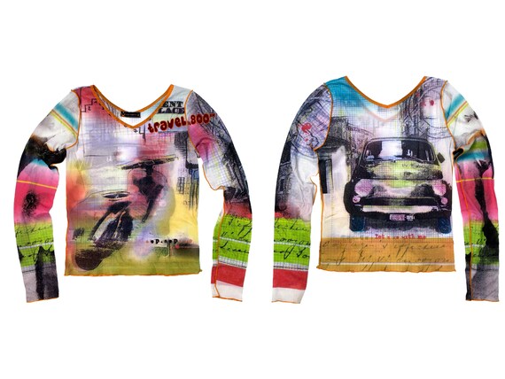 90s mesh top, abstract print top, vintage mesh top