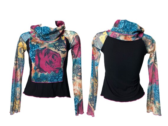 90s mesh top, 90s mesh turtleneck, tribal print me