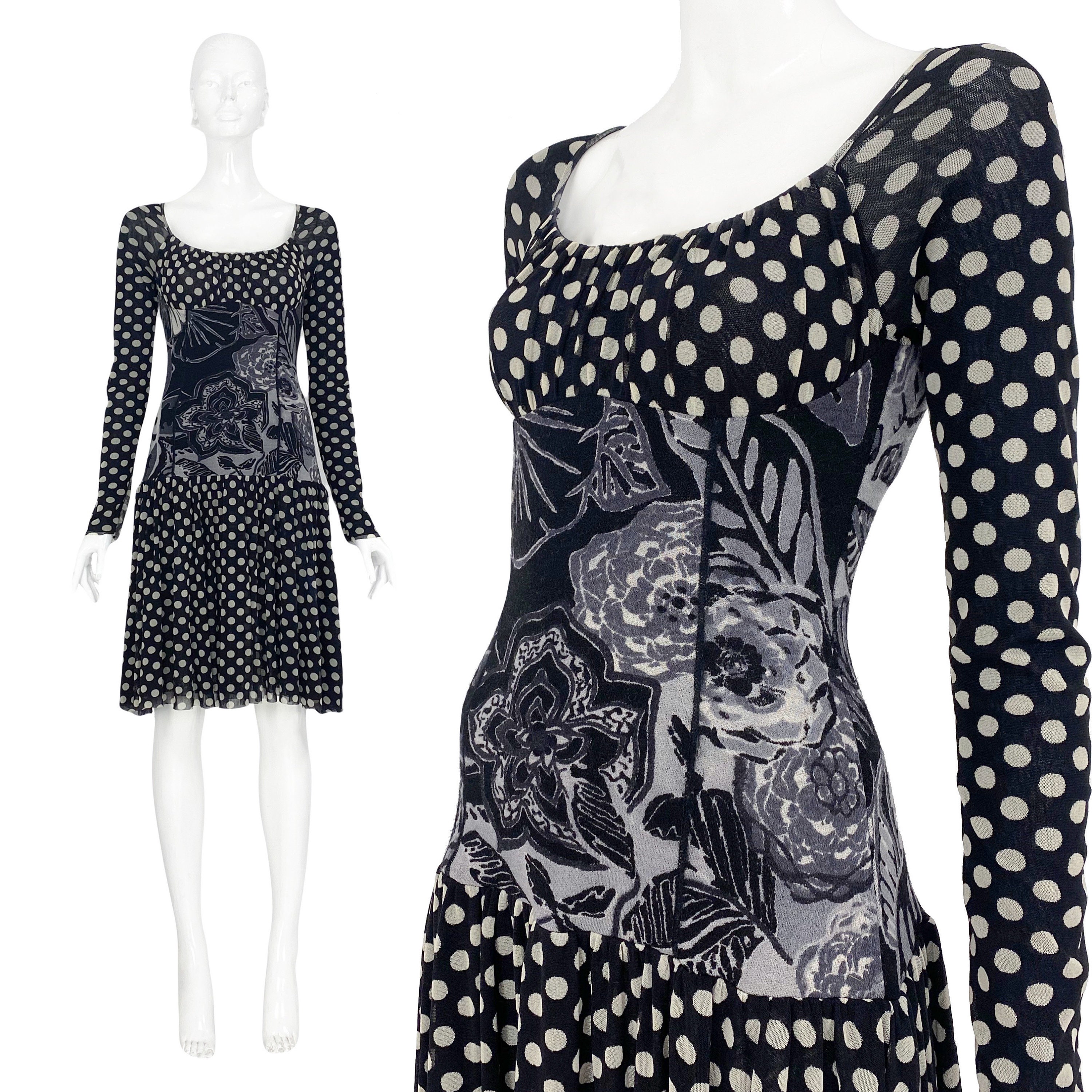 2000s Fuzzi Mesh Dress, Drop Waist Polka Dot Dress, Y2k Mesh