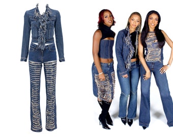 2000s Plein Sud set, y2k Plein sud jeans, frayed denim, Plein Sud denim set, low waisted jeans, Plein Sud denim