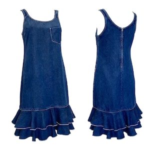 Jean Paul Gaultier Kleid, JPG Jeans, Jeanskleid, 90er JPG, 1990er Jahre Kleidung, Vintage-Jeanskleid, Vintage-Rüschenkleid, Denim-Midikleid