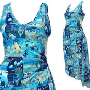 90s Mesh dress, asymmetrical dress, 2000s slip dress, Y2K clothing, ruched mesh dress, blue dress, mid century print, Art Nouveau print