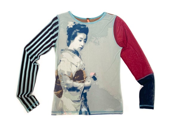 90s mesh top, chinese theme top, vintage mesh top,