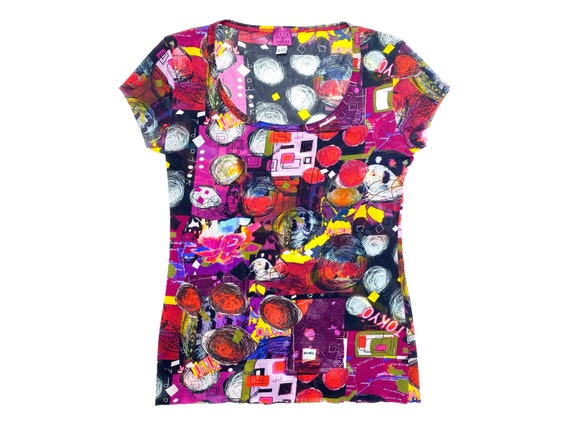 90s mesh top, abstract mesh top, doodle print top,