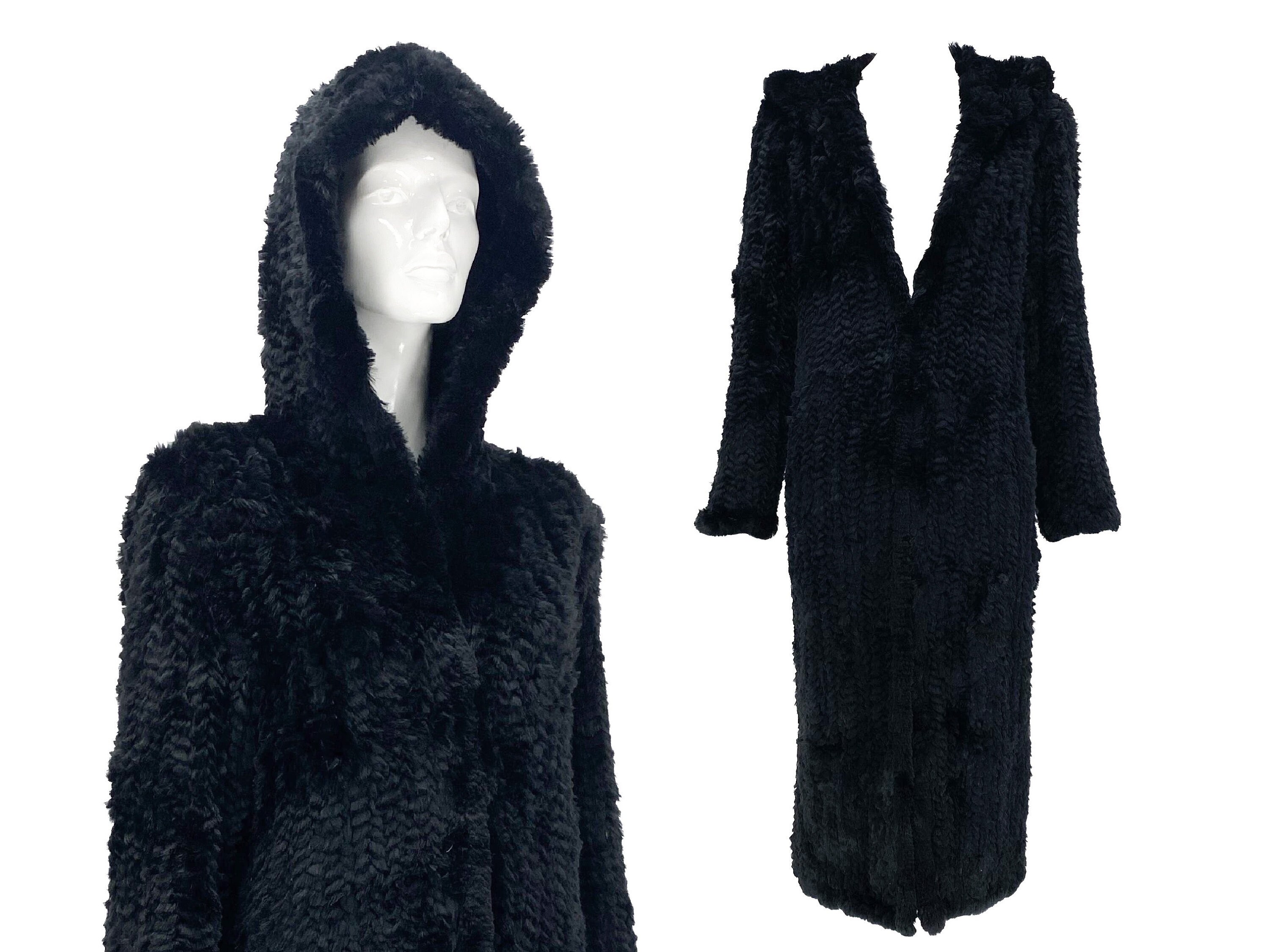 2000s Hooded Real Fur Coat, Knitted Fur Coat, Black Maxi Fur