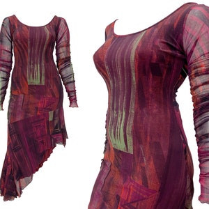 Legatte mesh dress, Y2k mesh dress,asymmetrical mesh dress, abstract print dress, tattoo mesh dress, 90s clothing, y2k clothing, lettuce hem