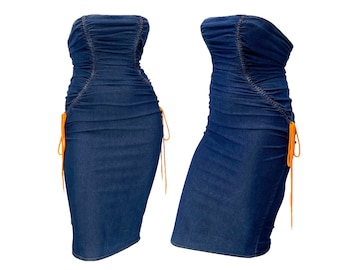 2000s Dolce Gabbana, D&G denim dress, ruched denim dress, Dolce Gabbana bustier dress, y2k Dolce and Gabbana, midi tube dress, denim dress