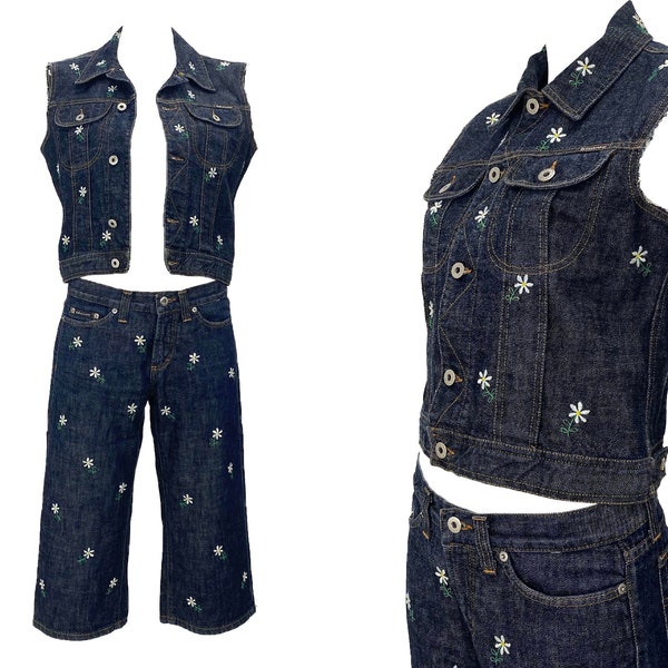 Dolce Gabbana vintage, jeans D&G, ensemble en denim Dolce et Gabbana, broderie marguerite Dolce Gabbana, y2k Dolce et Gabbana