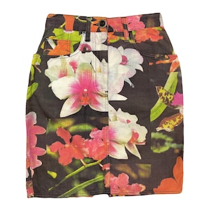 1990s Moschino, Moschino jeans skirt, Moschino floral skirt, Moschino orchid, floral skirt, floral print, orchid print, vintage Moschino