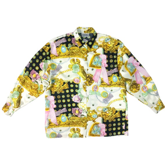 baroque print shirt, vintage shirt, gold chains pr