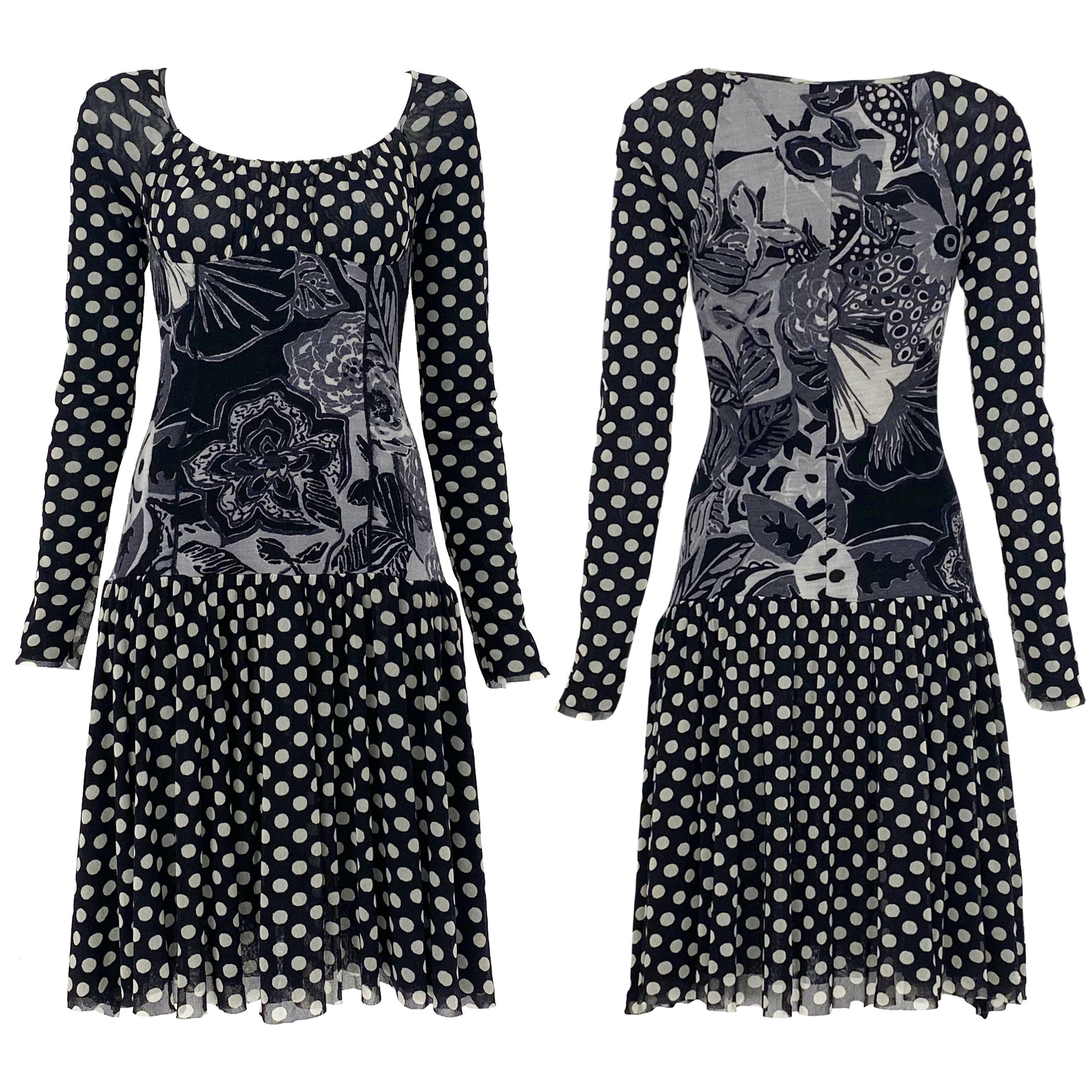 2000s Fuzzi Mesh Dress, Drop Waist Polka Dot Dress, Y2k Mesh