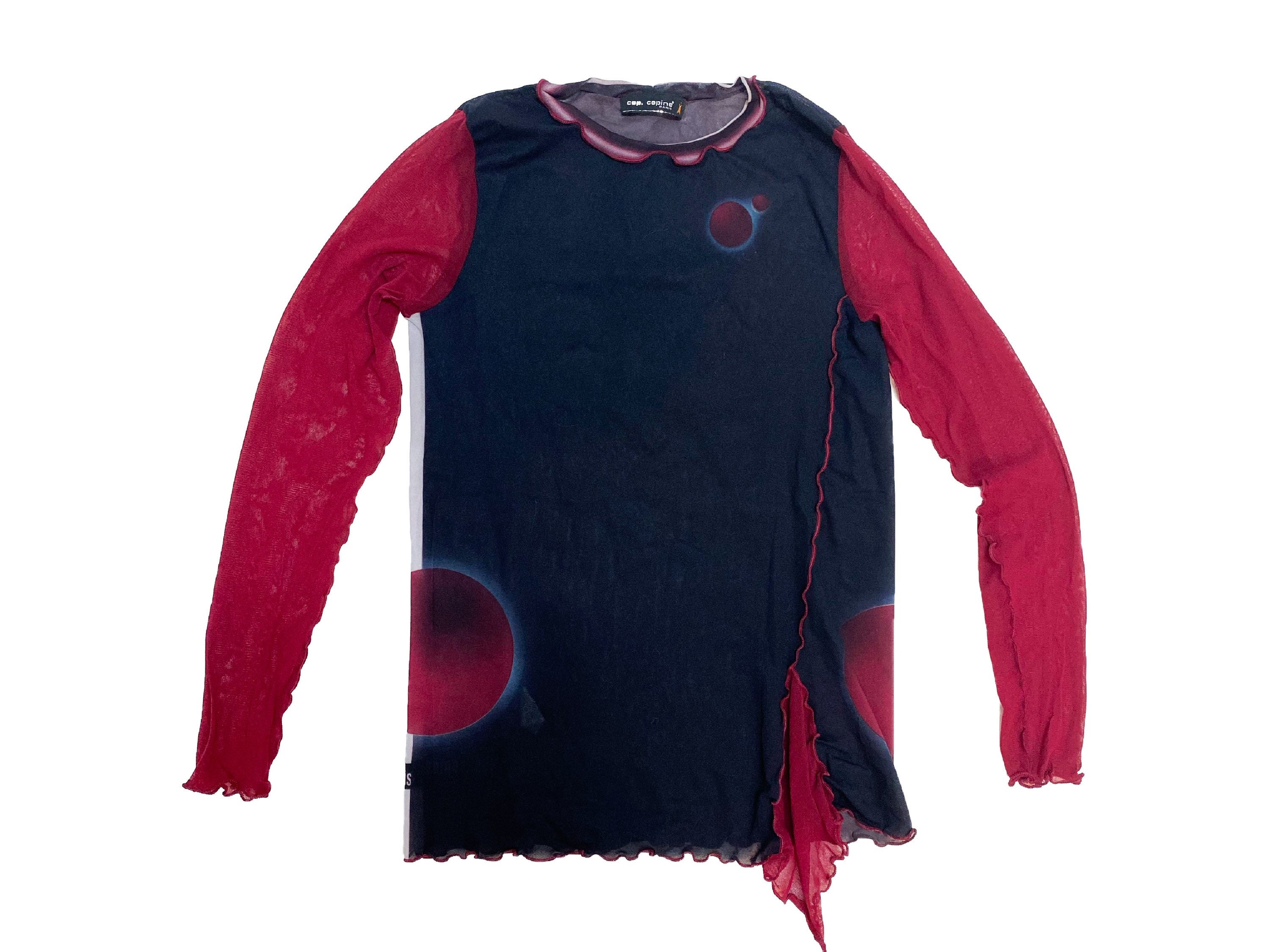 Cop COPINE, Y2K Mesh Top, Eclipse Print Top, 90s Mesh Top, Asymmetrical Top, Long Sleeves Mesh Top, Planets Top, 90s Clothing
