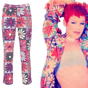 1990s Moschino Jeans, Moschino floral print, Moschino hippie print, spring print, vintage jeans, elastic jeans, 90s clothing