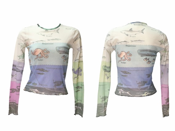 90s mesh top, marine print top, vintage mesh top,