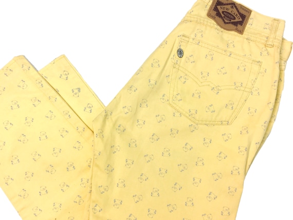 Vintage jeans, Teddy bear print, 90s clothing, yel