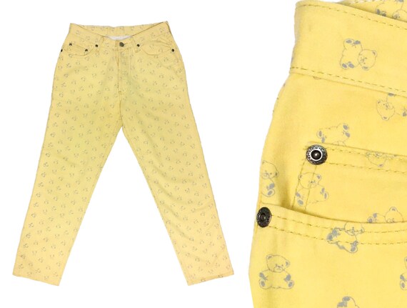 Vintage jeans, Teddy bear print, 90s clothing, yel