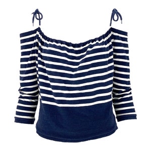 1990s Jean Paul Gaultier, 90s Gaultier, Gaultier Mariniere, over the shoulders, Gaultier stripes top, gaultier navy stripes, marine Gaultier