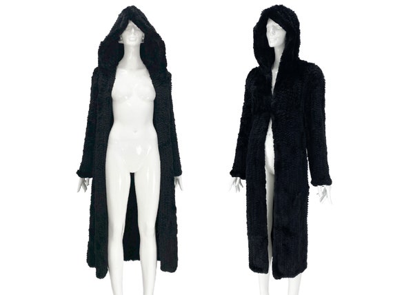 2000s Hooded Real Fur Coat, Knitted Fur Coat, Black Maxi Fur