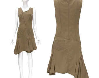 2000s Plein Sud, y2k asymmetrical dress, Plein Sud midi dress, khaki green dress, early 2000s denim, y2k clothing, deconstructed denim