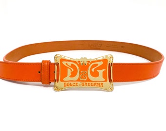 2000s Dolce & Gabbana, Big Gold Belt Buckle, Orange Leather Belt, Dolce Gabbana Vintage, Dolce Gabbana Orange Belt, Y2K Dolce and Gabbana