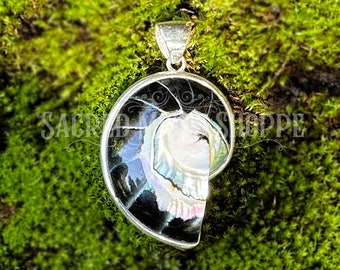 Nautilus Abalone Pendant with Black Lip Shell, Mother-of-Pearl and Sterling Silver - Strength, Spiritual Growth, Protection, Water Element