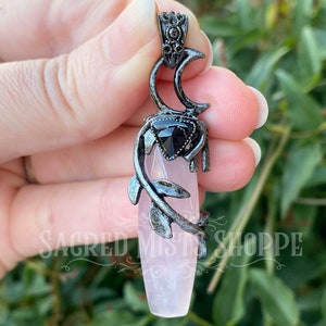 Rose Quartz & Onyx Moon Vine Leaf Tibetan Silver Crystal Pendant for Love, Harmony, Protection, Calm, Stress Relief, Self-Mastery, Focus