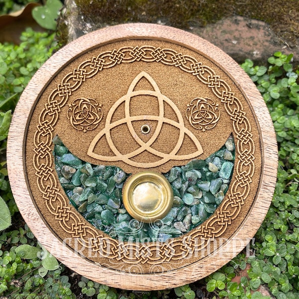 Triquetra Incense & Mini Candle Holder with Green Aventurine Inlay Round Laser Etched for Ritual, Sacred Space, Meditation, Witchcraft