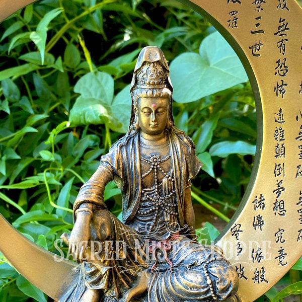 Kwan Yin Heart Sutra Hand-Painted Statue for Compassion, Mercy, Enlightenment, Serenity, Peace, Love, Altars, Shrines, Buddhist, Quan Yin