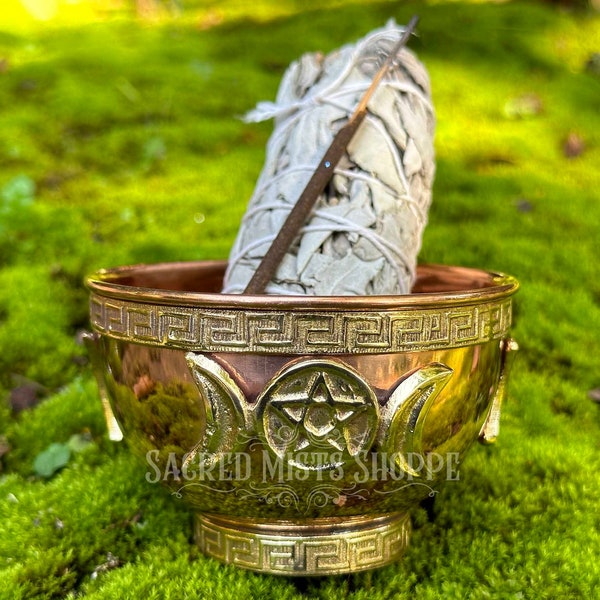 Triple Goddess Pentacle Copper Bowl Kit with Organic White Sage Smudge Stick and Ritual Incense Stick for Altar, Offerings, Witchcraft