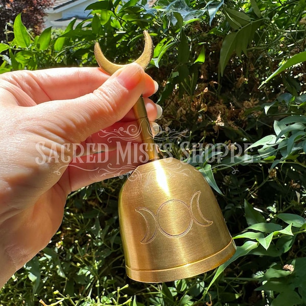 Melody of the Moon Bell: Triple Goddess Brass Altar Bell with Crescent Moon Handle for Ritual, Meditation, Energy Clearing, Witch Decor