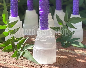 Selenite Crystal Spell Candle Mini Tower Holder for Candle Magick, Purification, Cleansing, Altar Candle Holder, Mini Candle Holder, Spells