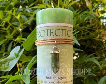 Protection Pillar Candle with Indian Agate Crystal Pendant for Warding, Stability, Clear Thought, Eases Stress, Altar, Candle Magick, Wicca