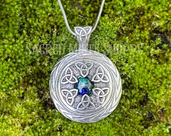 Triquetra & Azurite Malachite Pendant Necklace: Amulet for Prosperity, Spiritual Balance, Healing, Wicca, Psychic Intuition, Power Gemstone