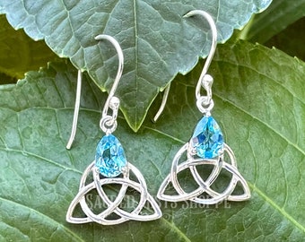 Triquetra Swiss Blue Topaz Faceted Pear Teardrop Sterling Silver Earrings for Wisdom, Intuition, Success, Communication, Calming, Handmade