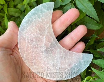 Selenite Crescent Moon Altar Tile & Charging Plate for Crystal Grids, Cleansing, Meditation, Altar Decor, Crystal Healing, Crystal Charging