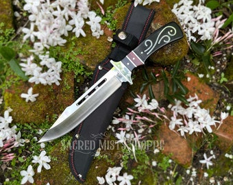 Enchanted Witch's Ritual Knife Athame with Black Wood Handle, Red Wood and Scrollwork Inlays and Stainless Steel Blade