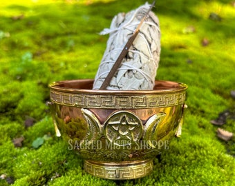 Triple Goddess Pentacle Copper Bowl Kit with Organic White Sage Smudge Stick and Ritual Incense Stick for Altar, Offerings, Witchcraft