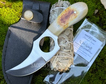 Witch's Circle Boline Blessing and Consecration Kit: Witch's Boline Bone-Handle Altar Knife, Organic White Sage Smudge Bundle, Incense Stick