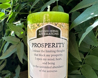 Prosperity Affirmation Pillar Candle for Attracting Wealth, Good Fortune, Money, Financial Blessings, Candle Magick, Wicca, Witchcraft