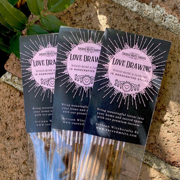 Love Drawing Incense Sticks Wood Rose & Jasmine Handmade for Love, Attraction, Sacred Space, Ritual, Spells, Meditation, Wicca, Witchcraft