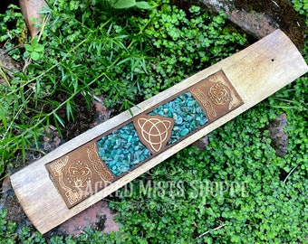 Triquetra Wood Incense Burner with Green Aventurine Inlay Laser Etched for Ritual, Sacred Space, Meditation, Crystal Healing, Witchcraft