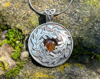 Amber Oak & Acorn Pendant Necklace: Amulet for Abundance, Joy, Strength, Protection, Growth, Healing, Spirituality, Fertility, Wicca, Druid