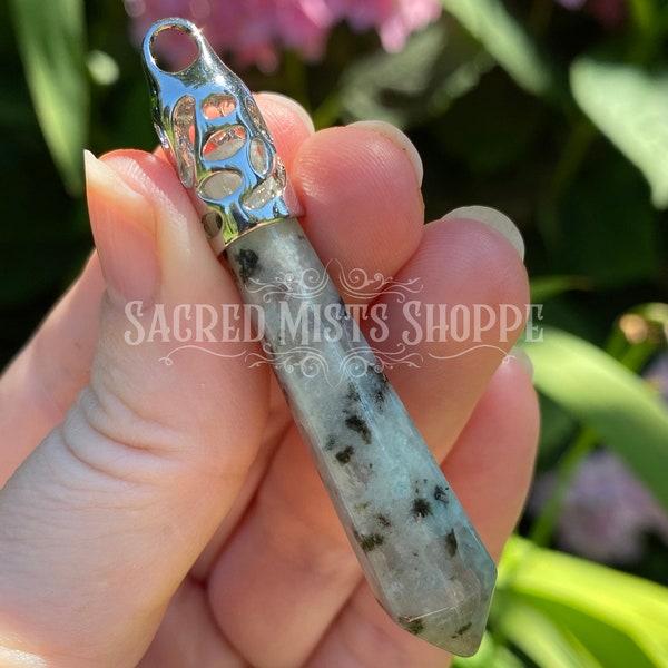 Lotus Jasper Crystal Point Pendant, Kiwi Jasper, Sesame Jasper for Easing Stress, Harmony, Tranquility, Healing, Recovery, Chakra Balancing