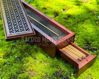 Incense Burner Coffin Box Hand Carved Rosewood Finish with Fire Proof Felt and Storage for Incense Sticks, Home Decor, Meditation, Wood Box