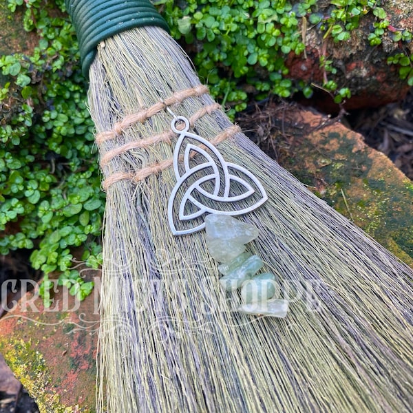 Triquetra Altar Besom Handmade Witch's Broom for Energy Clearing, Cleansing, Remove Negativity, Ritual, Trinity, Celtic, Witchcraft, Wicca