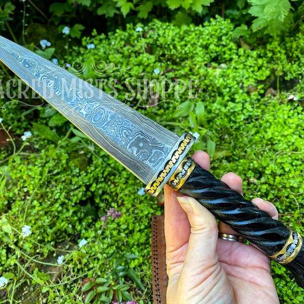 High Magick Damascus Steel and Twisted Pakkawood Athame for Ritual, Sacred Ceremony, Wicca, Energy Direction, Focus, Intention, Altar Knife